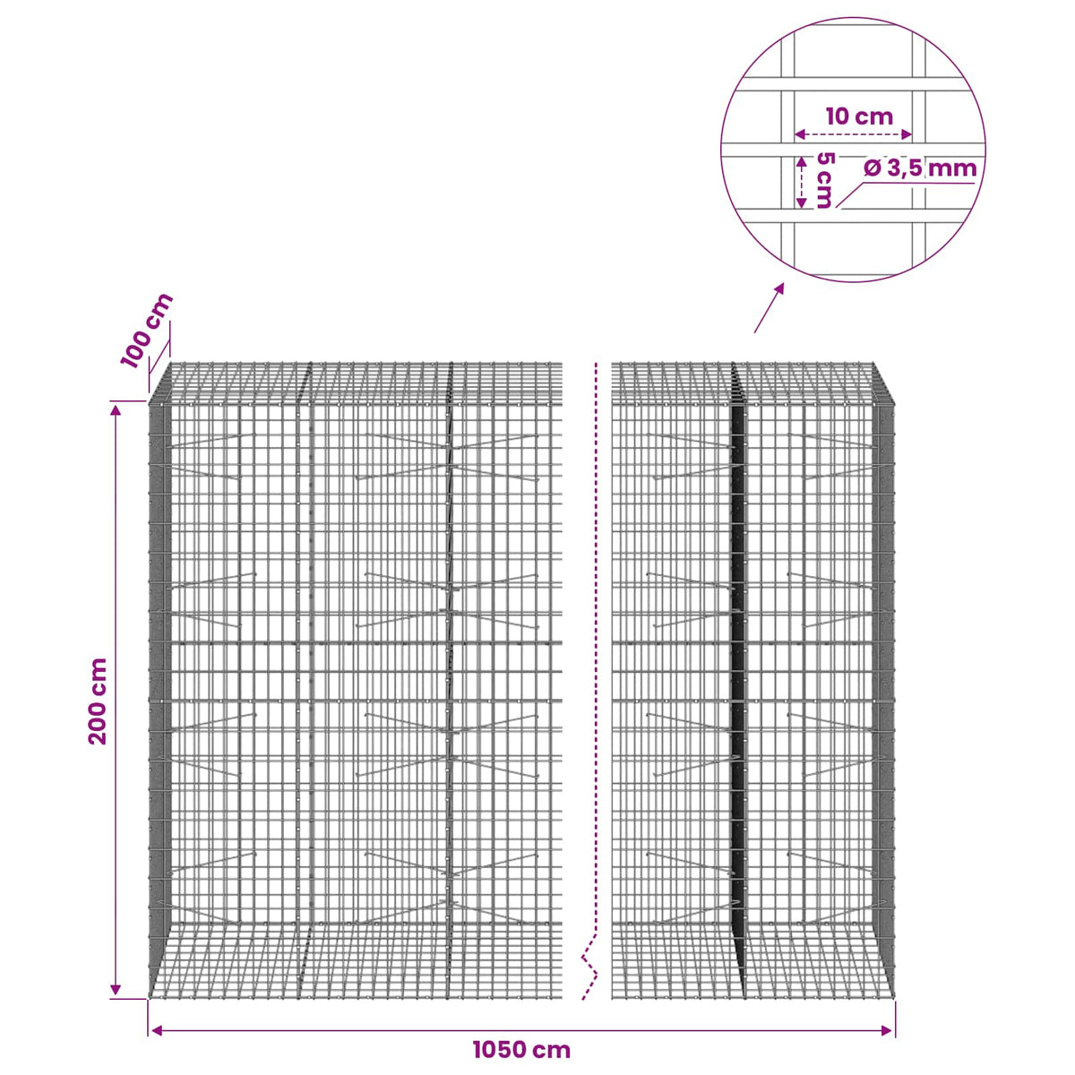 Gabion s žicom debljine 3,5 mm i mrežom 5x10 cm 1050x100x200 cm
