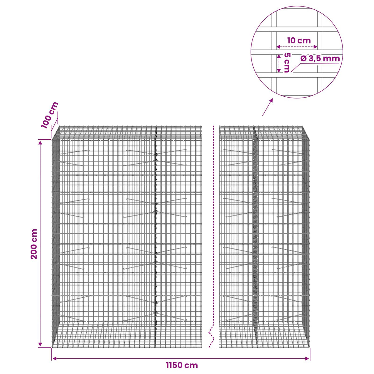 Gabion s žicom debljine 3,5 mm i mrežom 5x10 cm 1150x100x200 cm