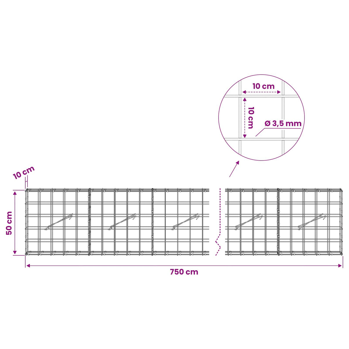 Gabion s žicom debljine 3,5 mm i mrežom 10x10 cm 750x10x50 cm