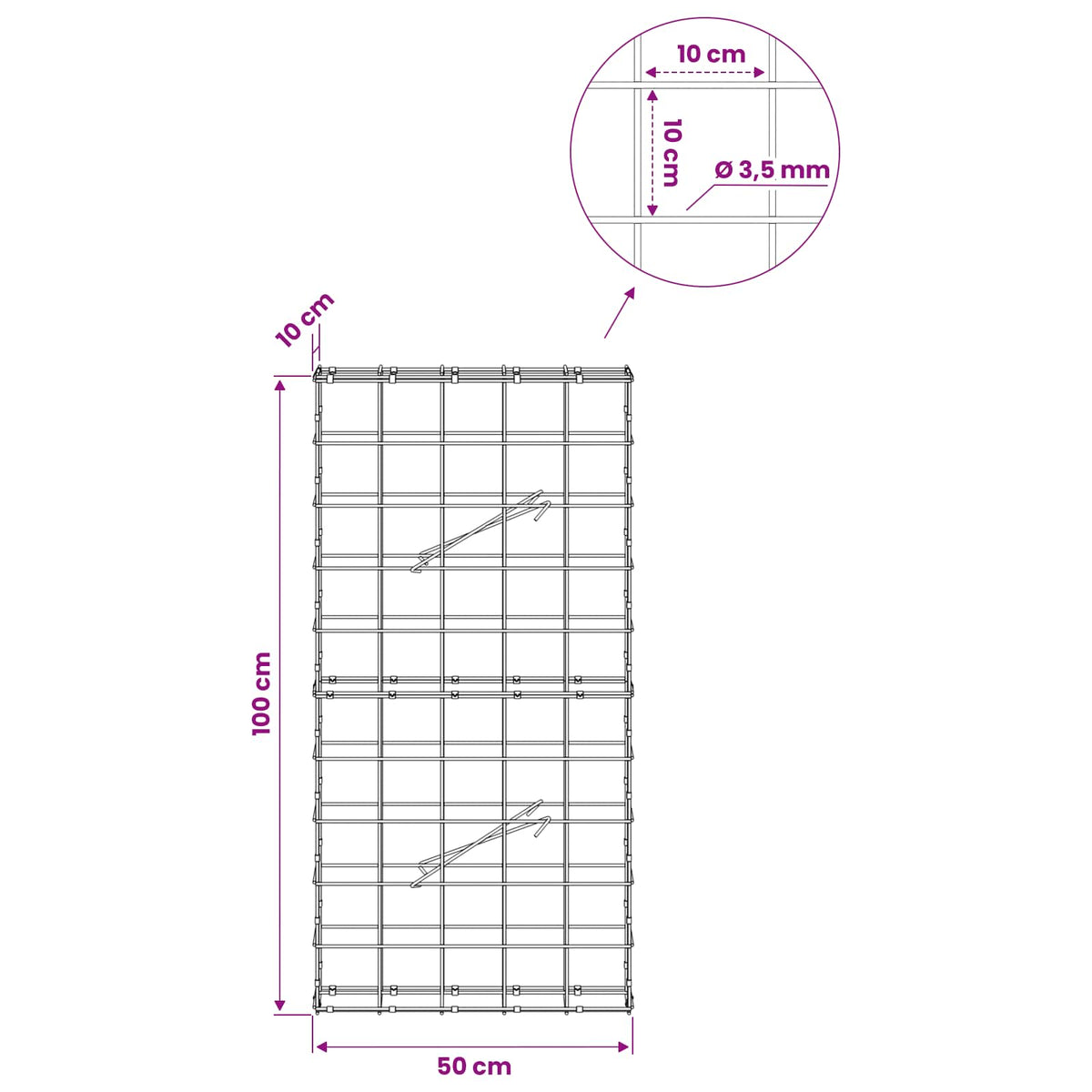 Gabion s žicom debljine 3,5 mm i mrežom 10x10 cm 50x10x100 cm