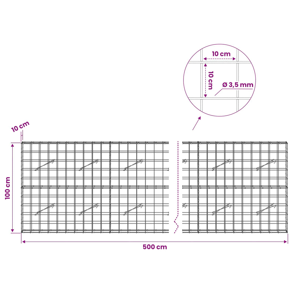 Gabion s žicom debljine 3,5 mm i mrežom 10x10 cm 500x10x100 cm