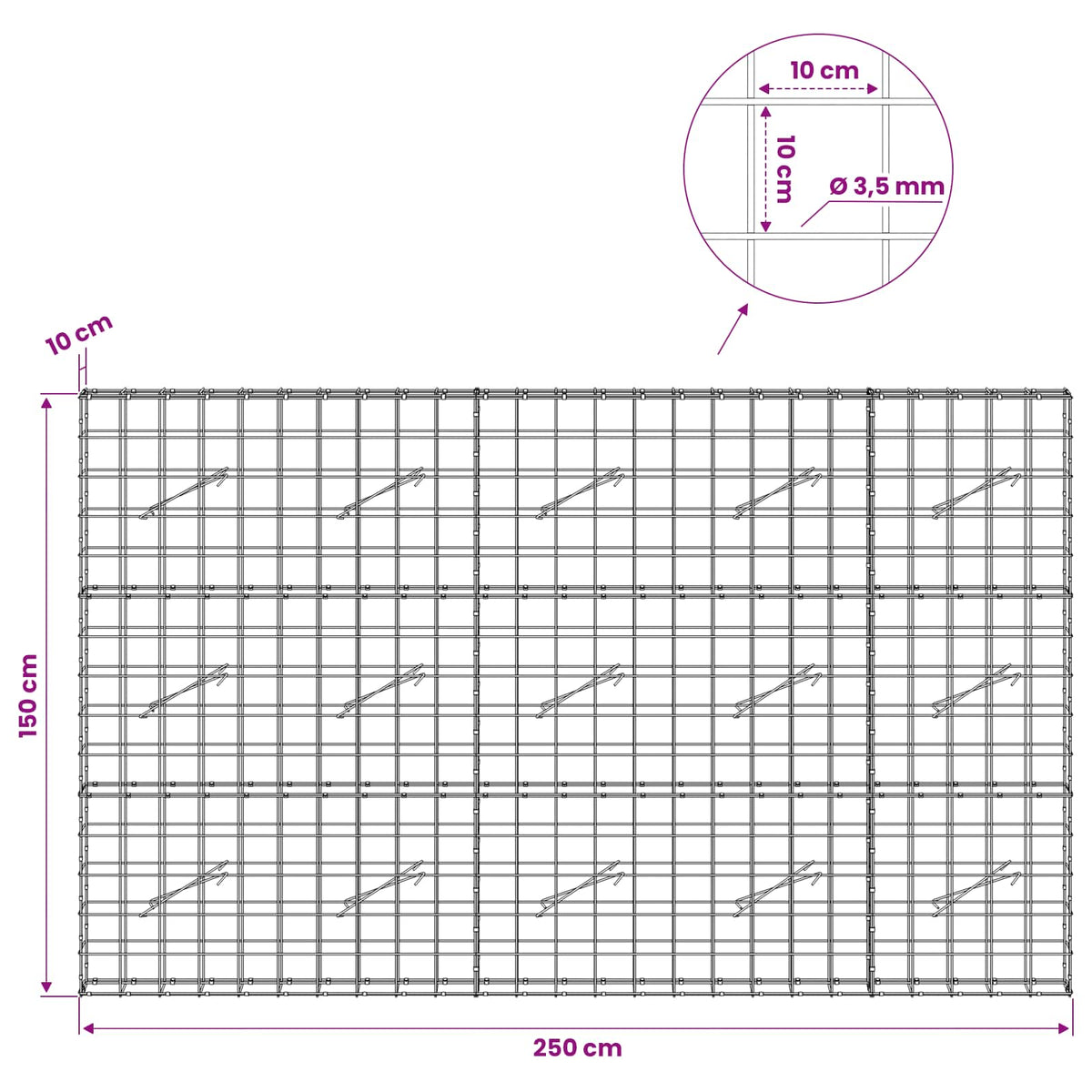 Gabion s žicom debljine 3,5 mm i mrežom 10x10 cm 250x10x150 cm