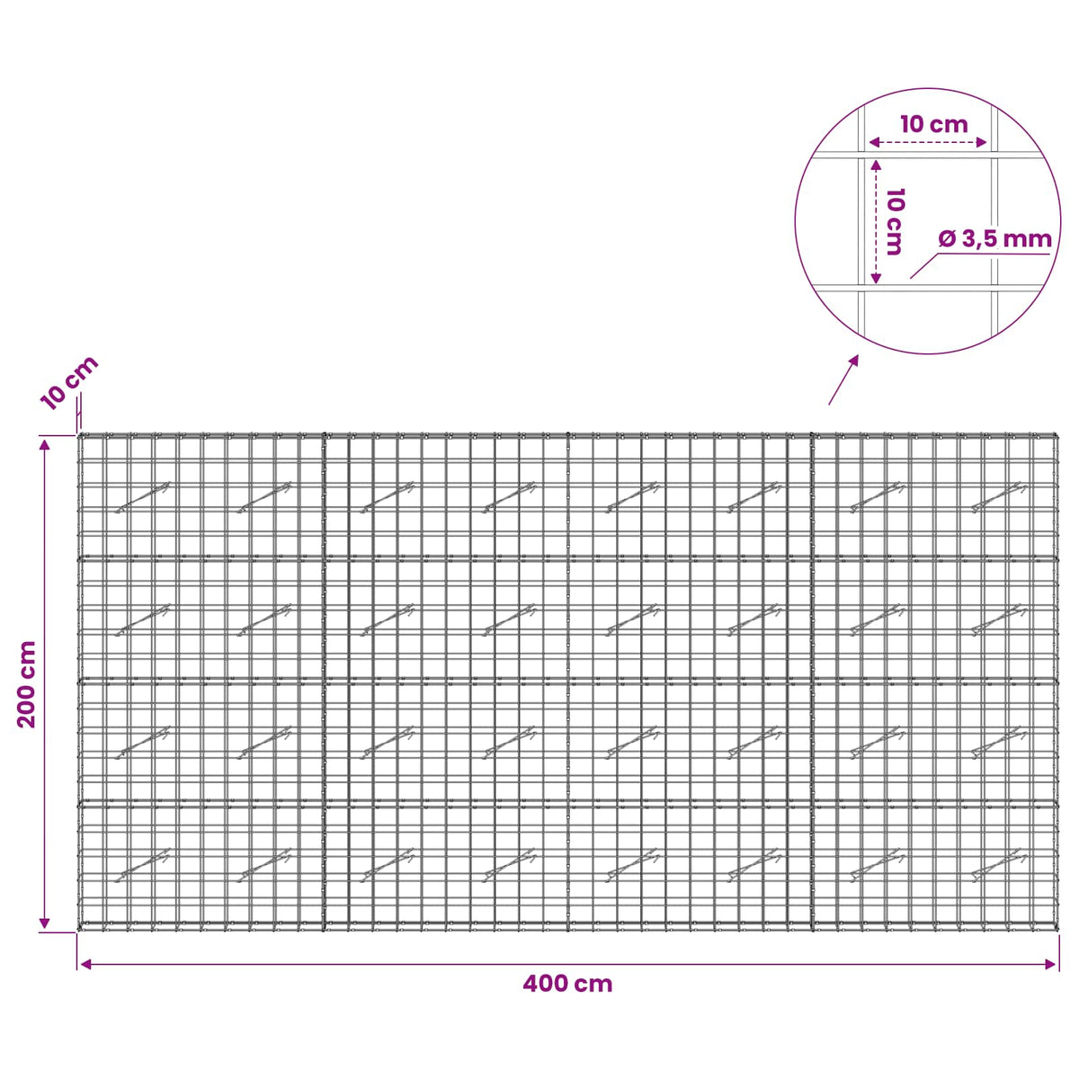 Gabion s žicom debljine 3,5 mm i mrežom 10x10 cm 400x10x200 cm