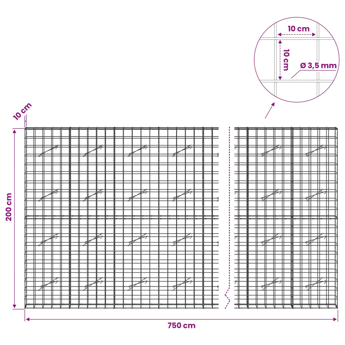 Gabion s žicom debljine 3,5 mm i mrežom 10x10 cm 750x10x200 cm