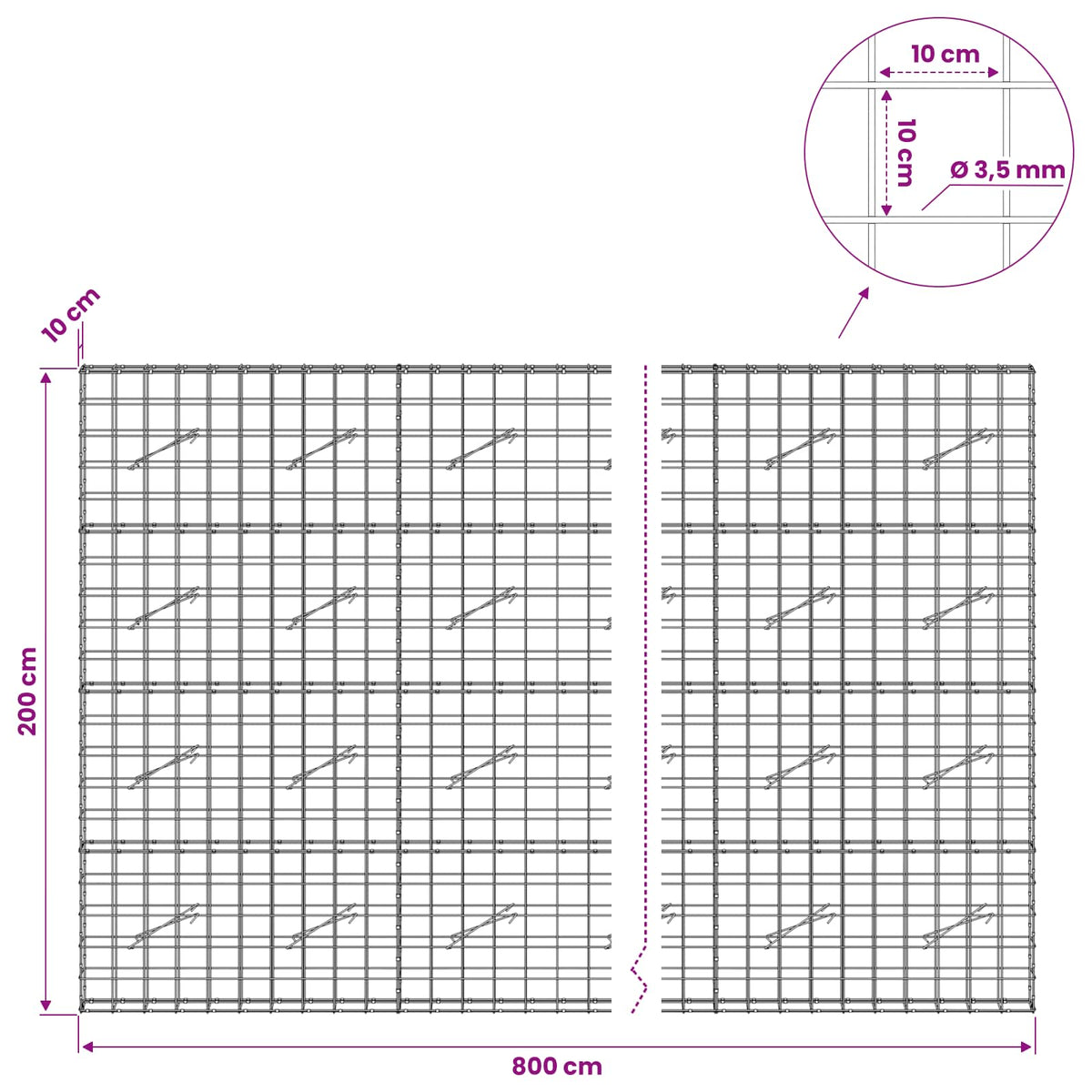 Gabion s žicom debljine 3,5 mm i mrežom 10x10 cm 800x10x200 cm