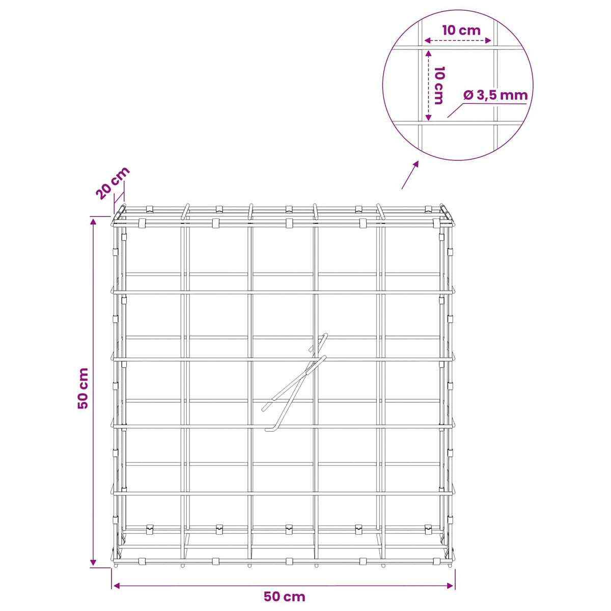 Gabion s žicom debljine 3,5 mm i mrežom 10x10 cm 50x20x50 cm