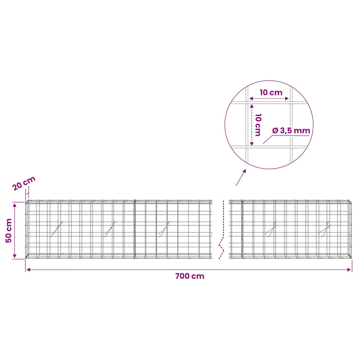 Gabion s žicom debljine 3,5 mm i mrežom 10x10 cm 700x20x50 cm