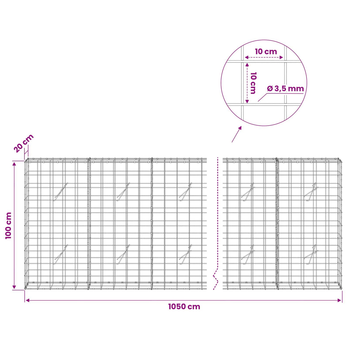 Gabion s žicom debljine 3,5 mm i mrežom 10x10 cm 1050x20x100 cm