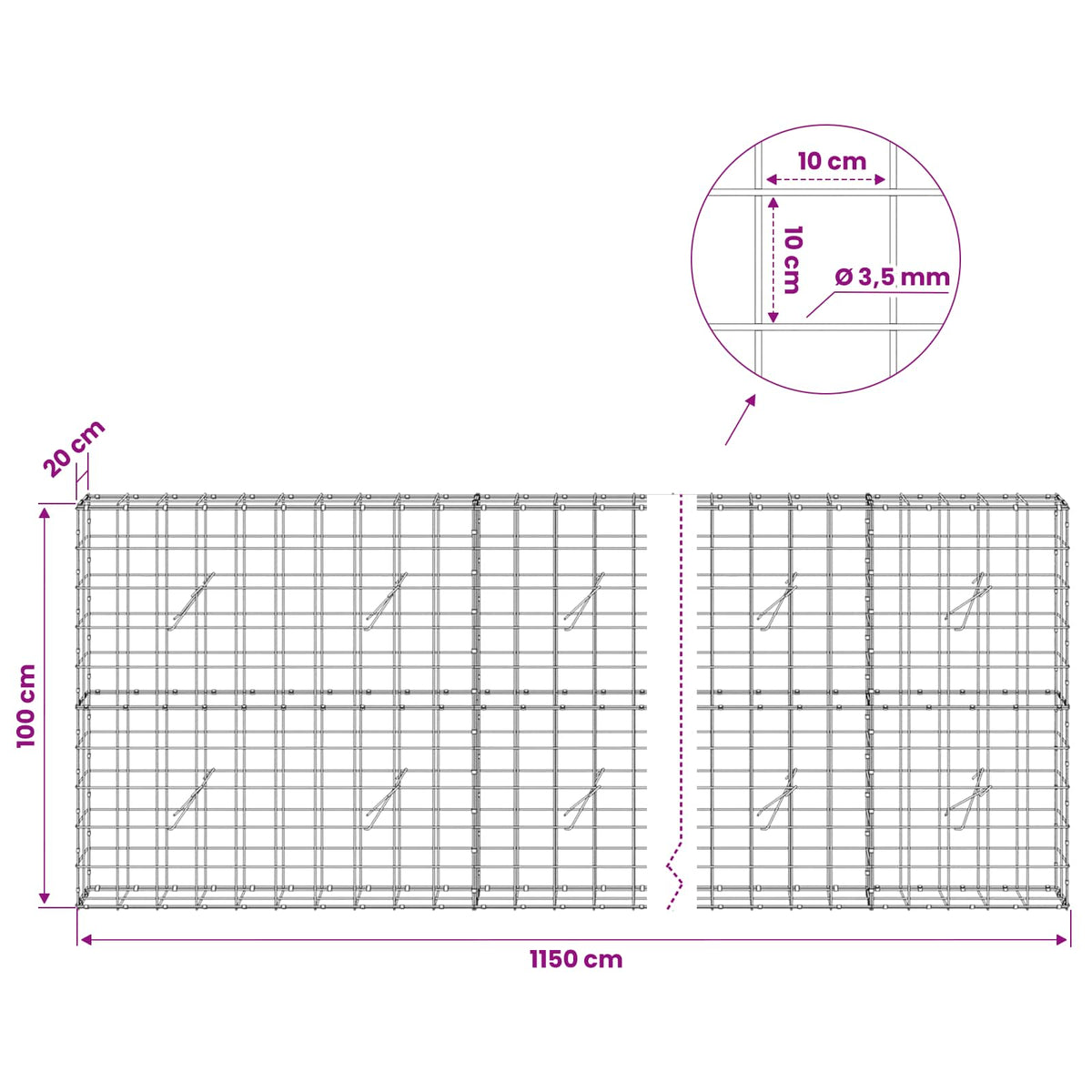 Gabion s žicom debljine 3,5 mm i mrežom 10x10 cm 1150x20x100 cm