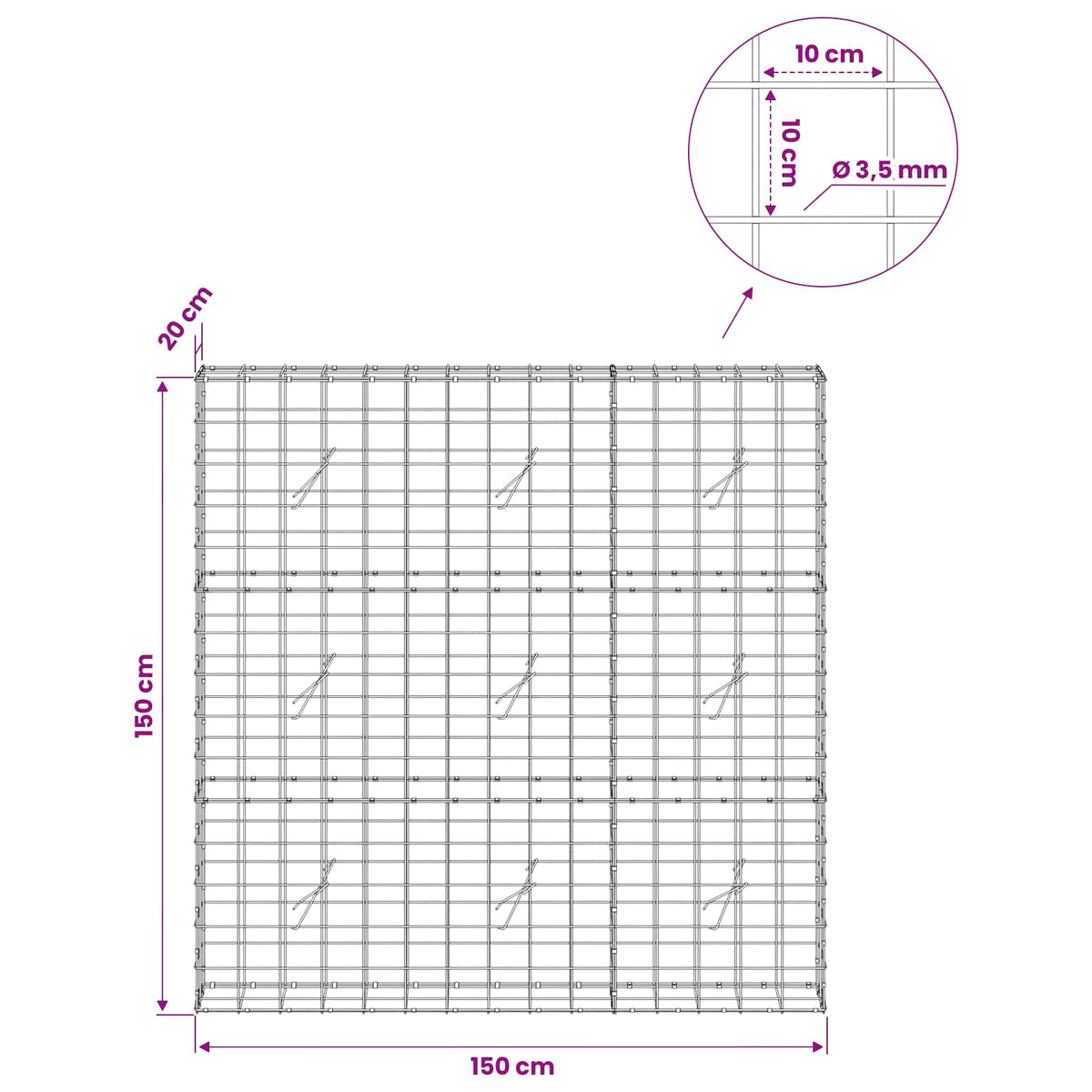 Gabion s žicom debljine 3,5 mm i mrežom 10x10 cm 150x20x150 cm