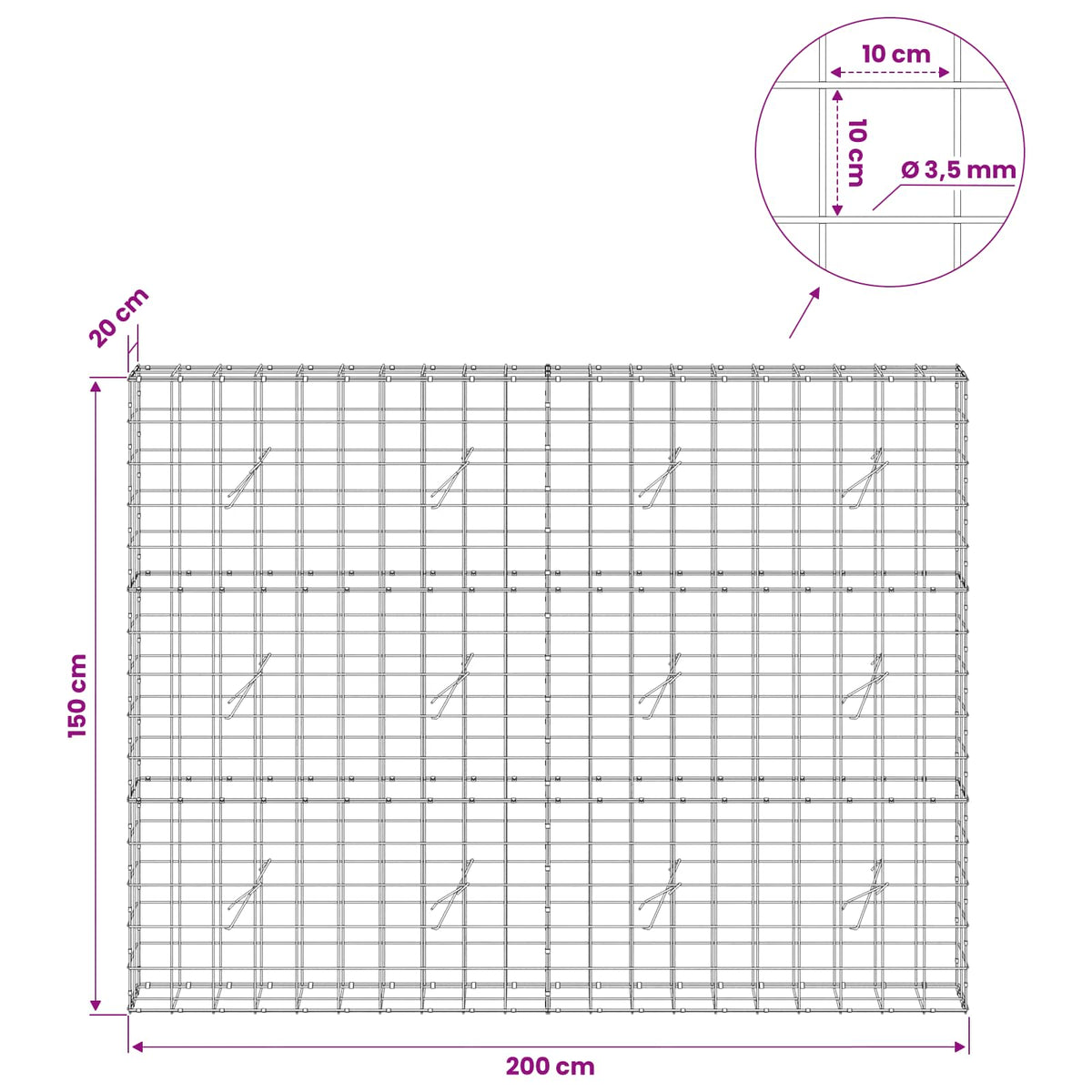 Gabion s žicom debljine 3,5 mm i mrežom 10x10 cm 200x20x150 cm
