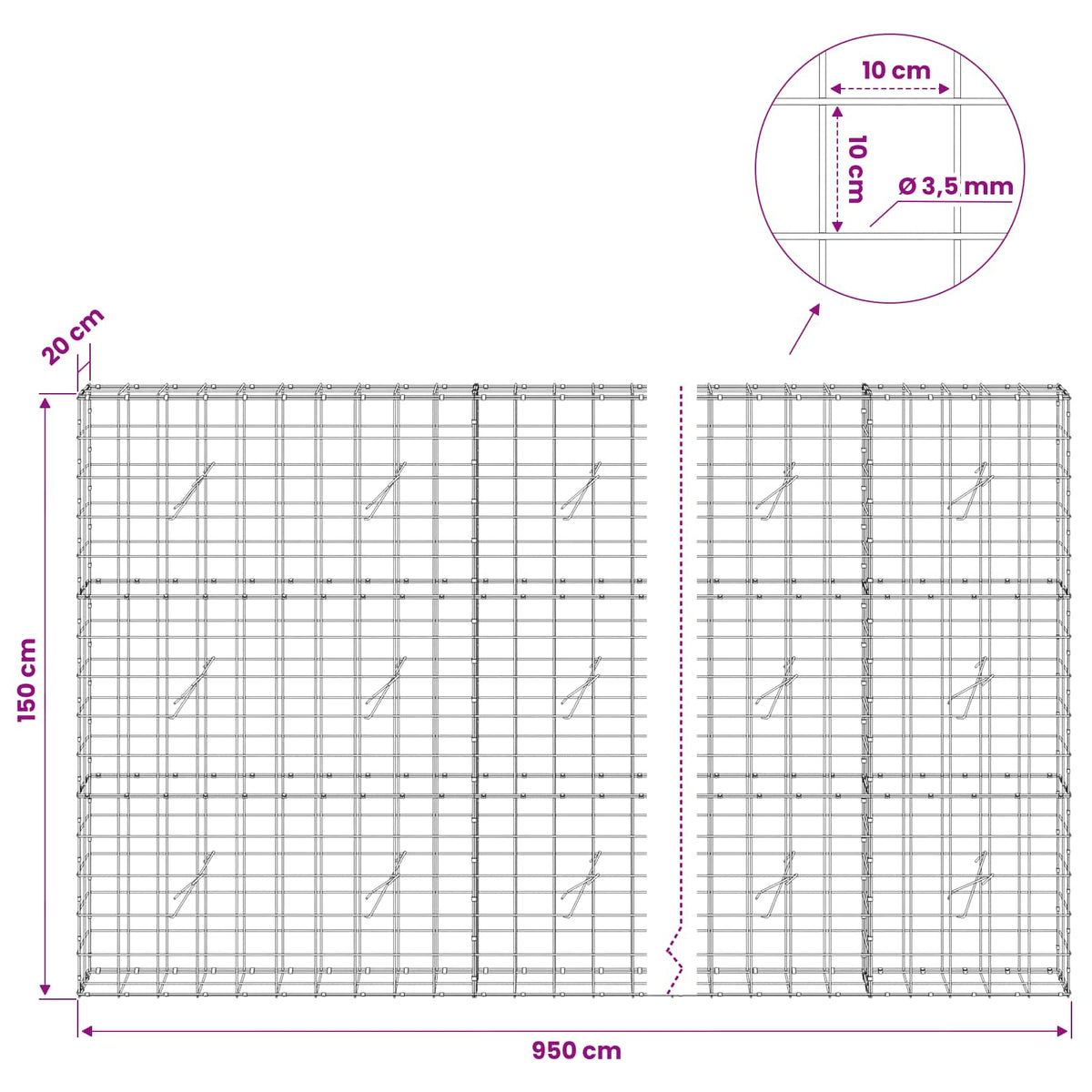 Gabion s žicom debljine 3,5 mm i mrežom 10x10 cm 950x20x150 cm