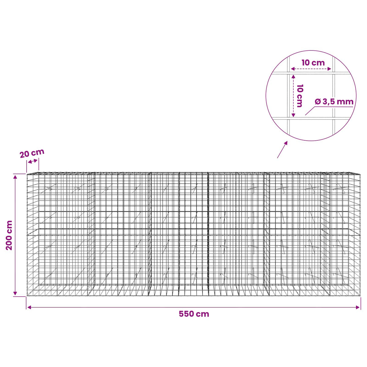 Gabion s žicom debljine 3,5 mm i mrežom 10x10 cm 550x20x200 cm