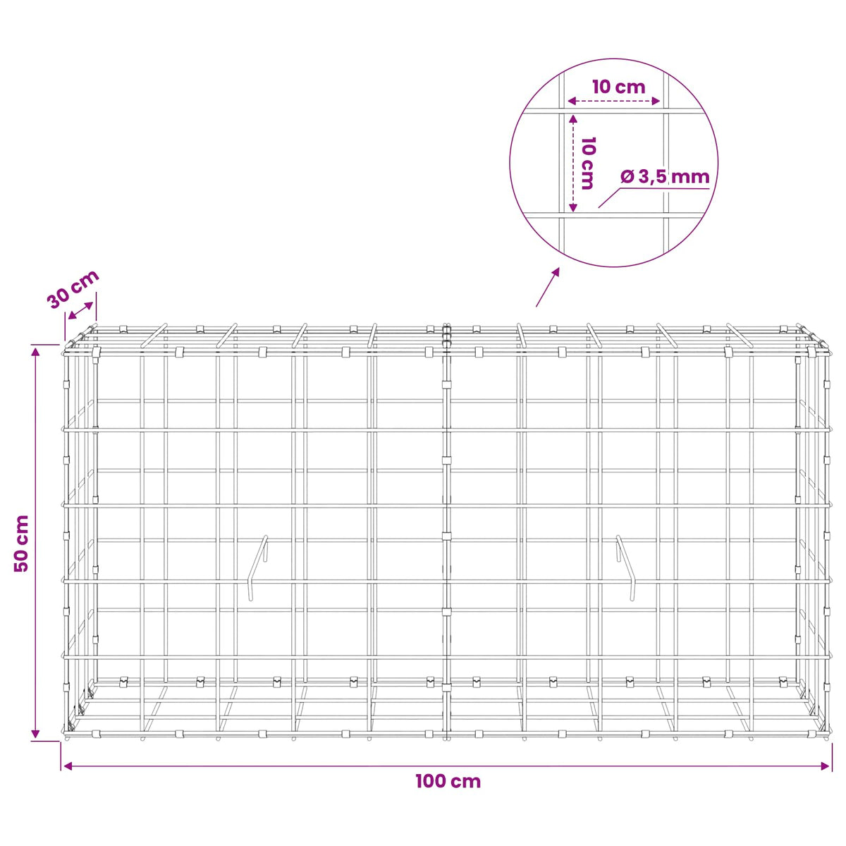 Gabion s žicom debljine 3,5 mm i mrežom 10x10 cm 100x30x50 cm