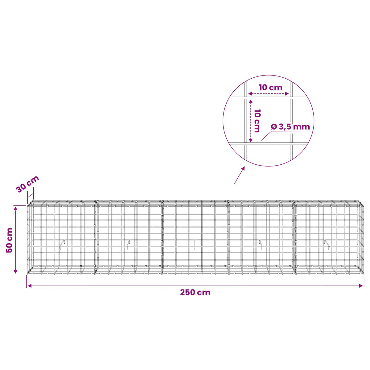 Gabion s žicom debljine 3,5 mm i mrežom 10x10 cm 250x30x50 cm