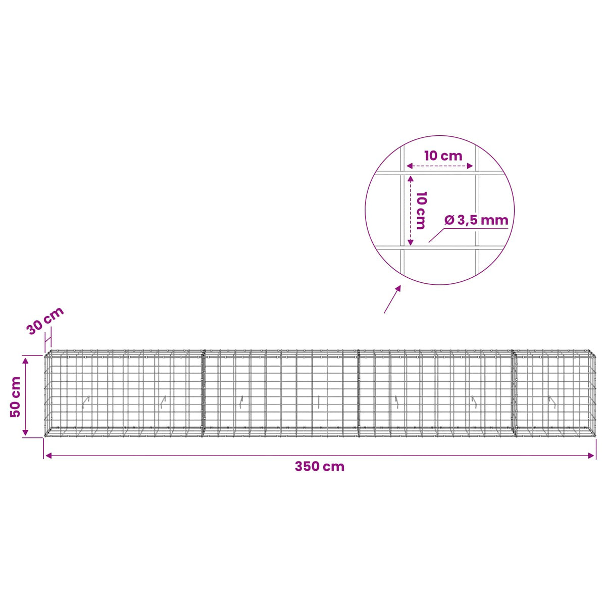 Gabion s žicom debljine 3,5 mm i mrežom 10x10 cm 350x30x50 cm