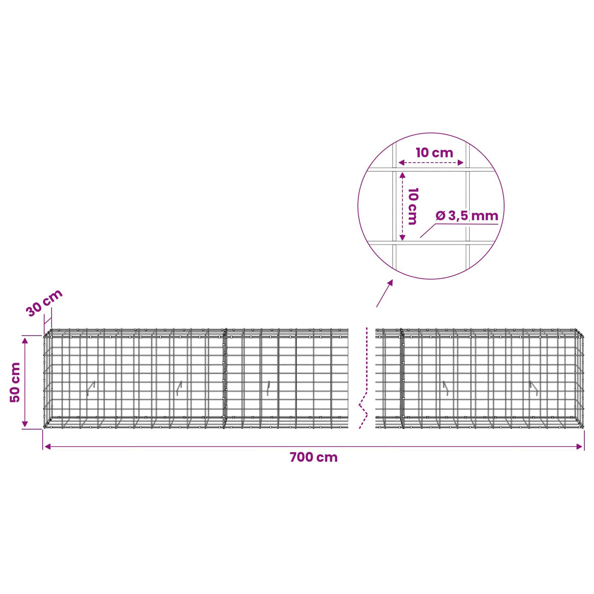 Gabion s žicom debljine 3,5 mm i mrežom 10x10 cm 700x30x50 cm