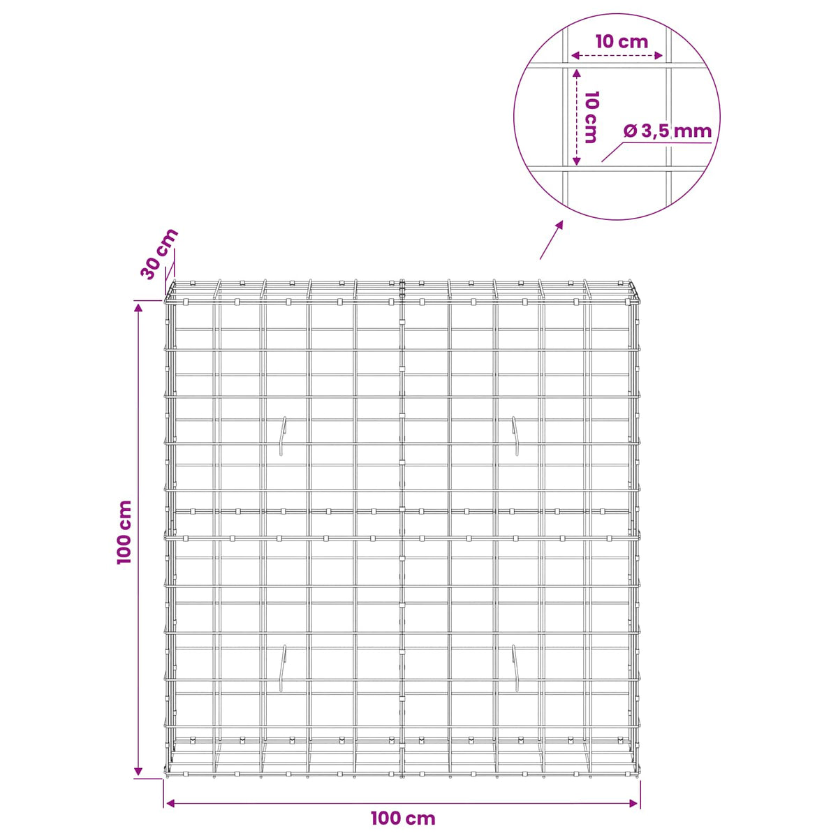 Gabion s žicom debljine 3,5 mm i mrežom 10x10 cm 100x30x100 cm