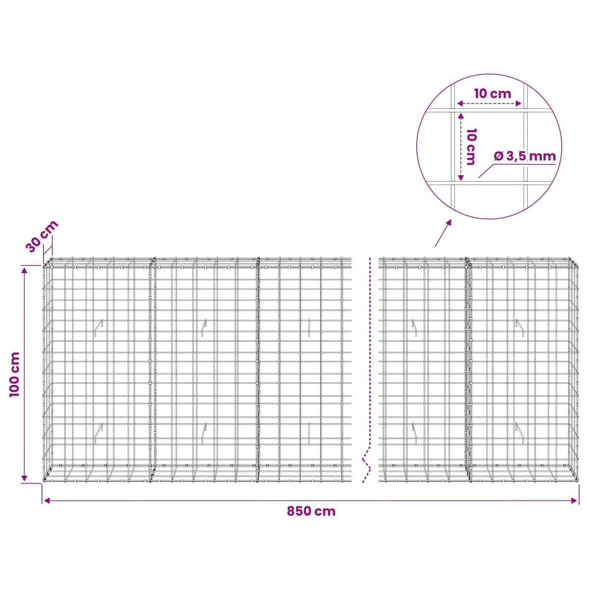 Gabion s žicom debljine 3,5 mm i mrežom 10x10 cm 850x30x100 cm