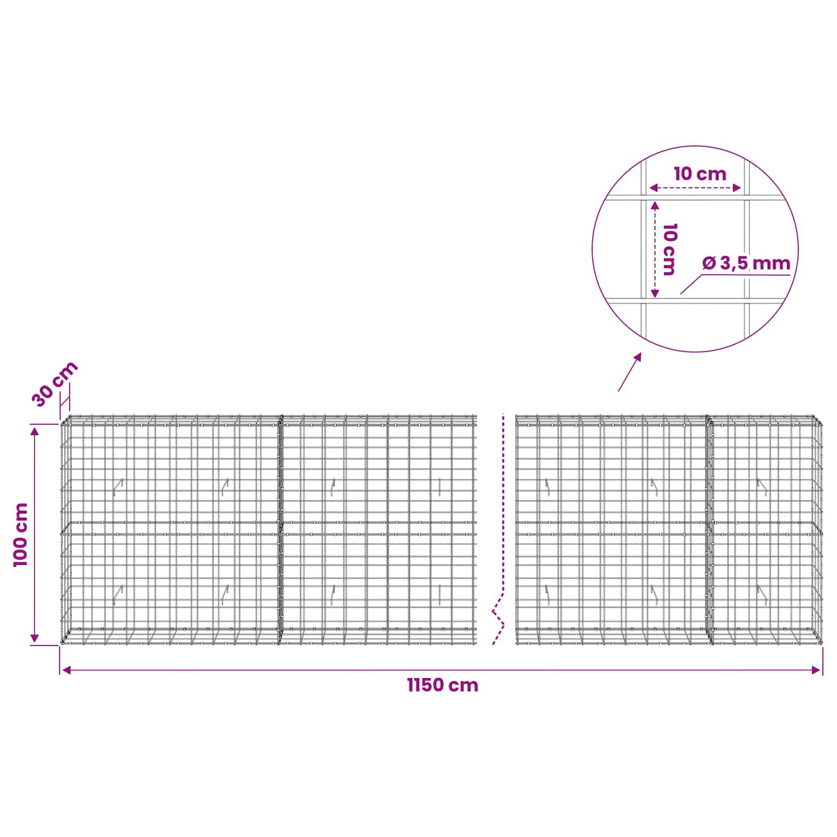 Gabion s žicom debljine 3,5 mm i mrežom 10x10 cm 1150x30x100 cm