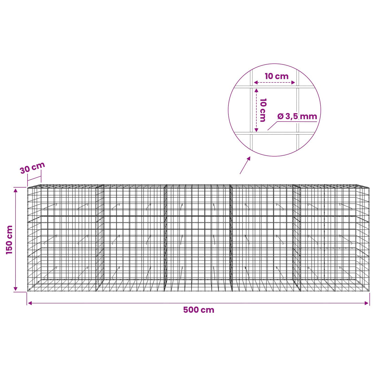 Gabion s žicom debljine 3,5 mm i mrežom 10x10 cm 500x30x150 cm