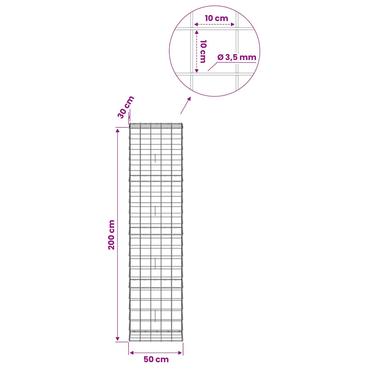 Gabion s žicom debljine 3,5 mm i mrežom 10x10 cm 50x30x200 cm