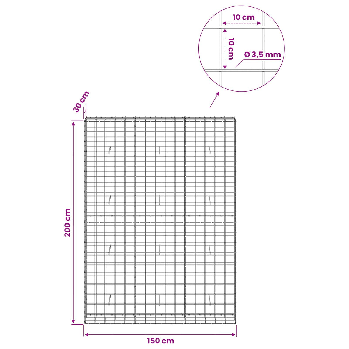Gabion s žicom debljine 3,5 mm i mrežom 10x10 cm 150x30x200 cm