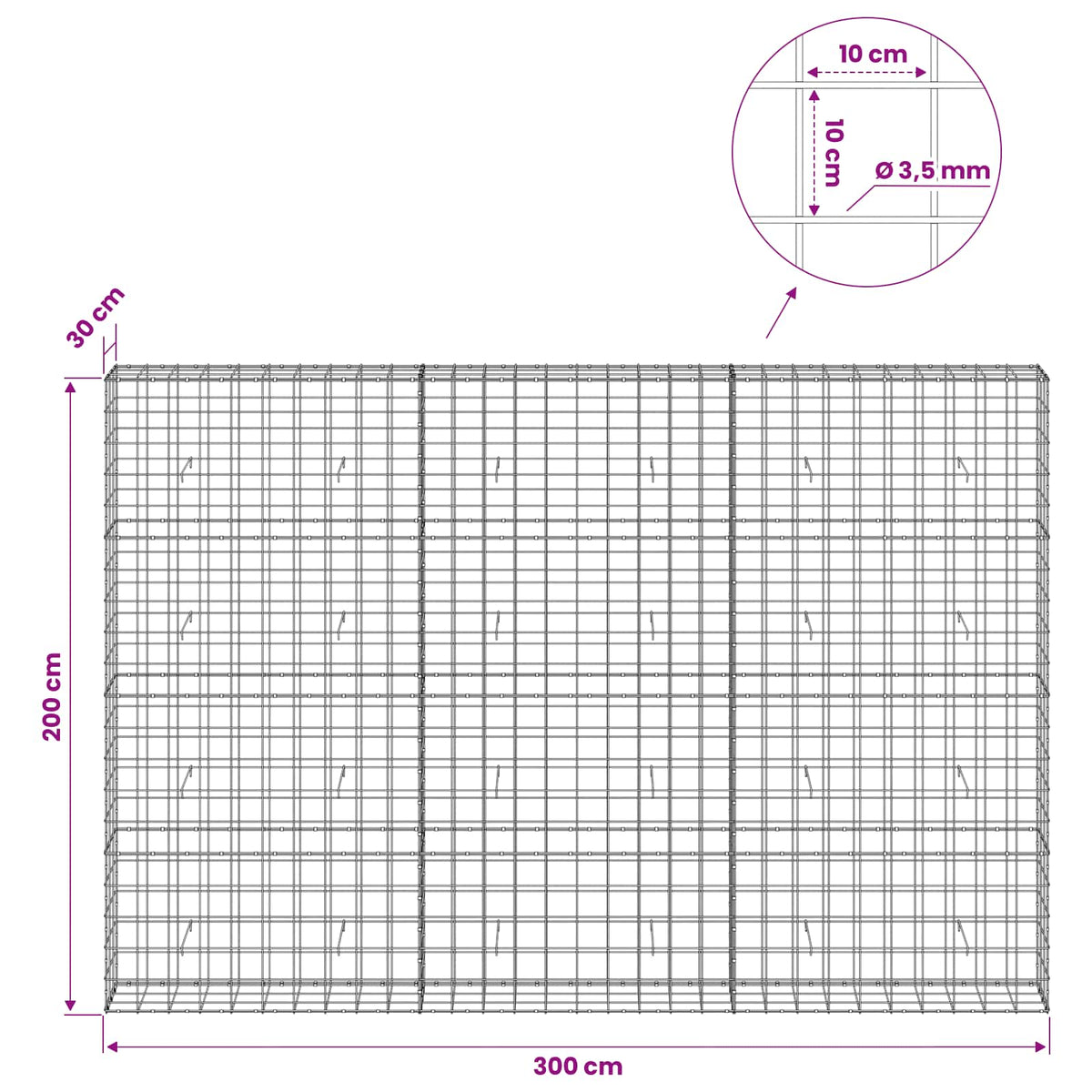 Gabion s žicom debljine 3,5 mm i mrežom 10x10 cm 300x30x200 cm