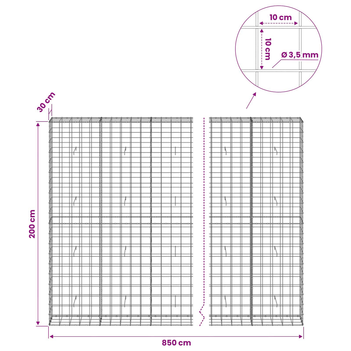 Gabion s žicom debljine 3,5 mm i mrežom 10x10 cm 850x30x200 cm
