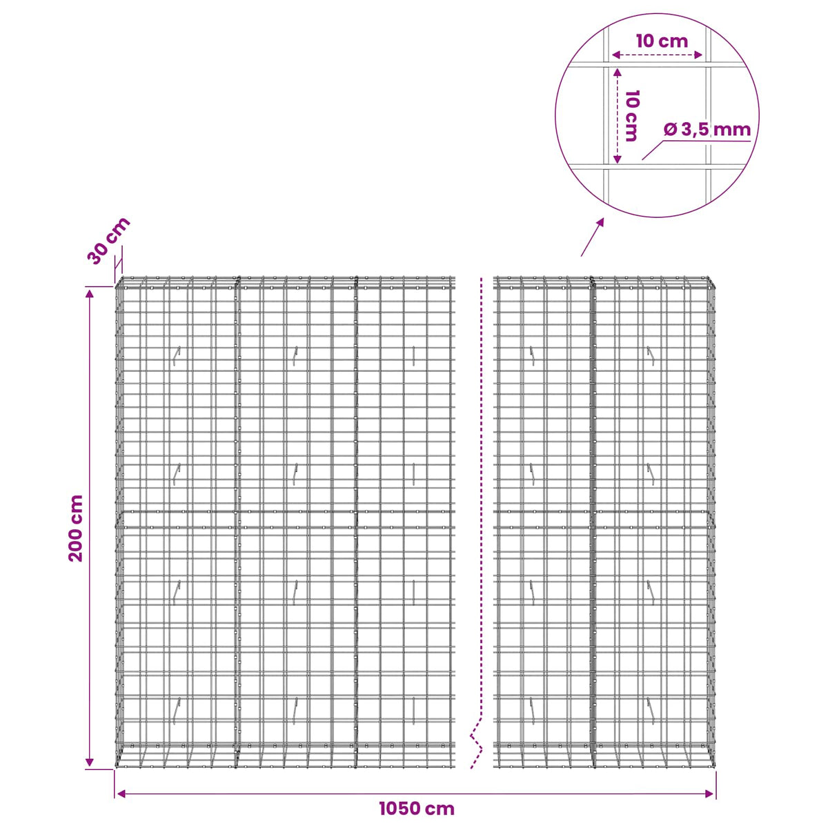 Gabion s žicom debljine 3,5 mm i mrežom 10x10 cm 1050x30x200 cm