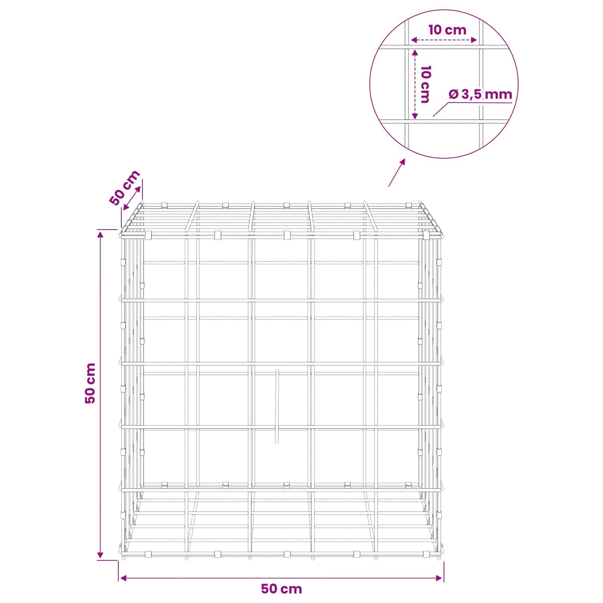 Gabion s žicom debljine 3,5 mm i mrežom 10x10 cm 50x50x50 cm
