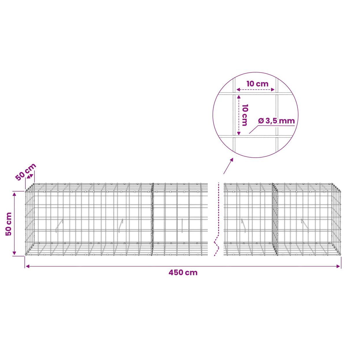 Gabion s žicom debljine 3,5 mm i mrežom 10x10 cm 450x50x50 cm