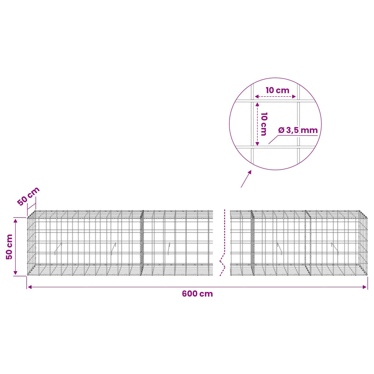 Gabion s žicom debljine 3,5 mm i mrežom 10x10 cm 600x50x50 cm