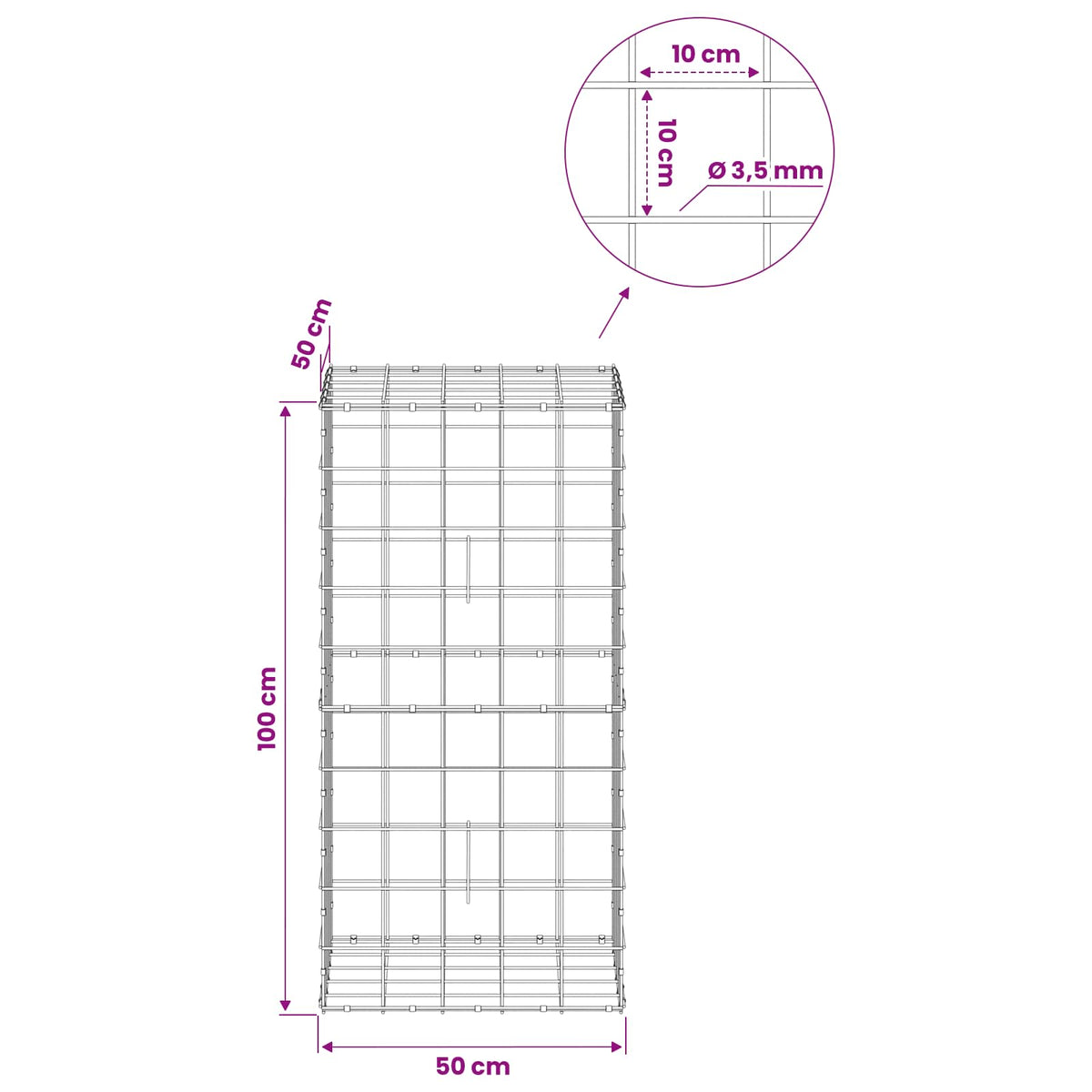 Gabion s žicom debljine 3,5 mm i mrežom 10x10 cm 50x50x100 cm