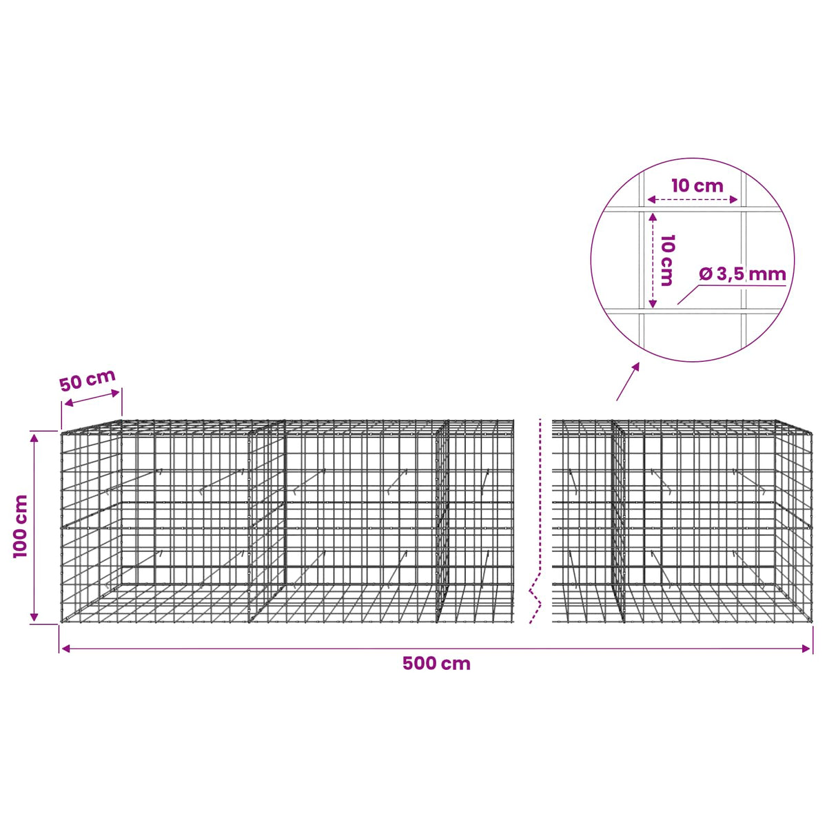 Gabion s žicom debljine 3,5 mm i mrežom 10x10 cm 500x50x100 cm