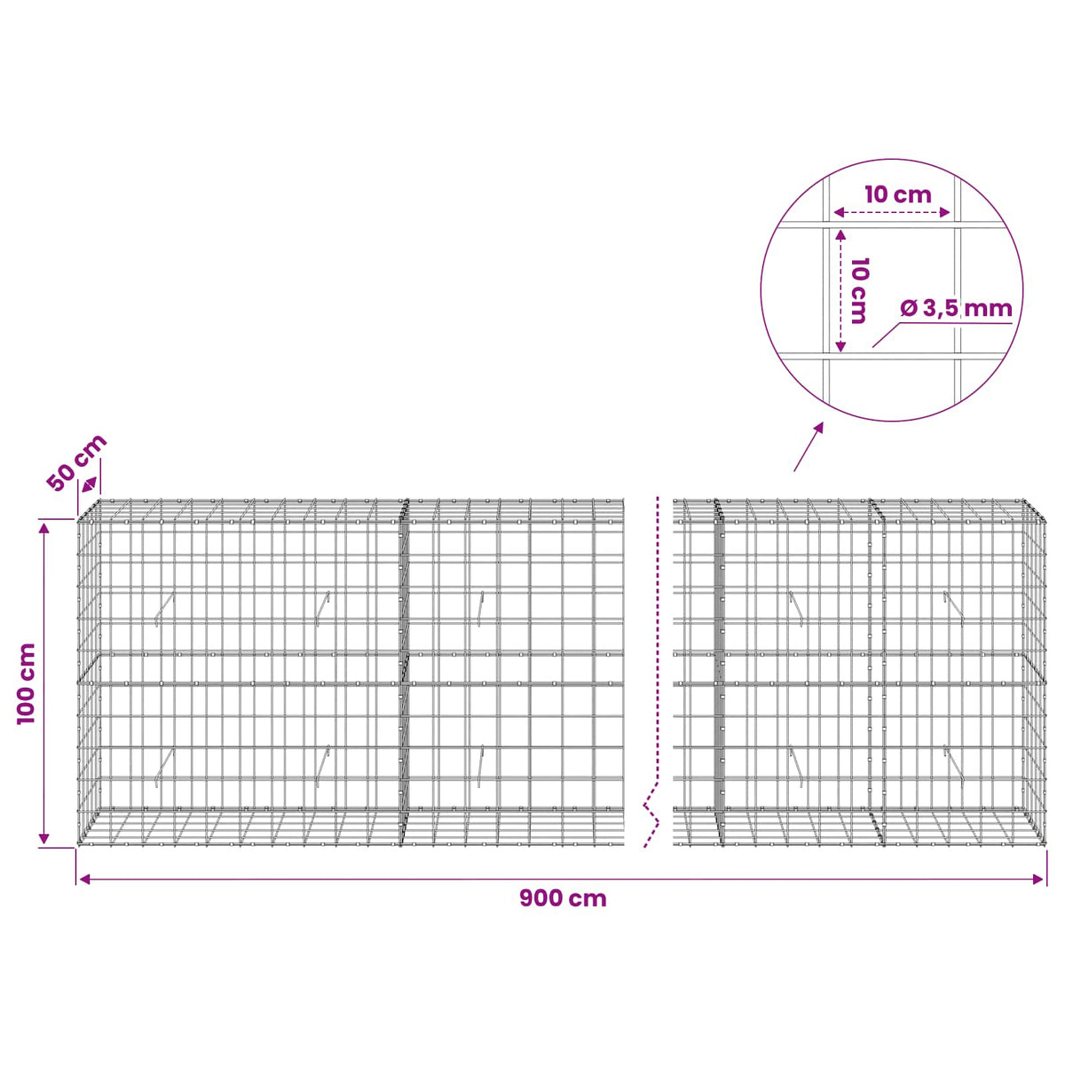 Gabion s žicom debljine 3,5 mm i mrežom 10x10 cm 900x50x100 cm