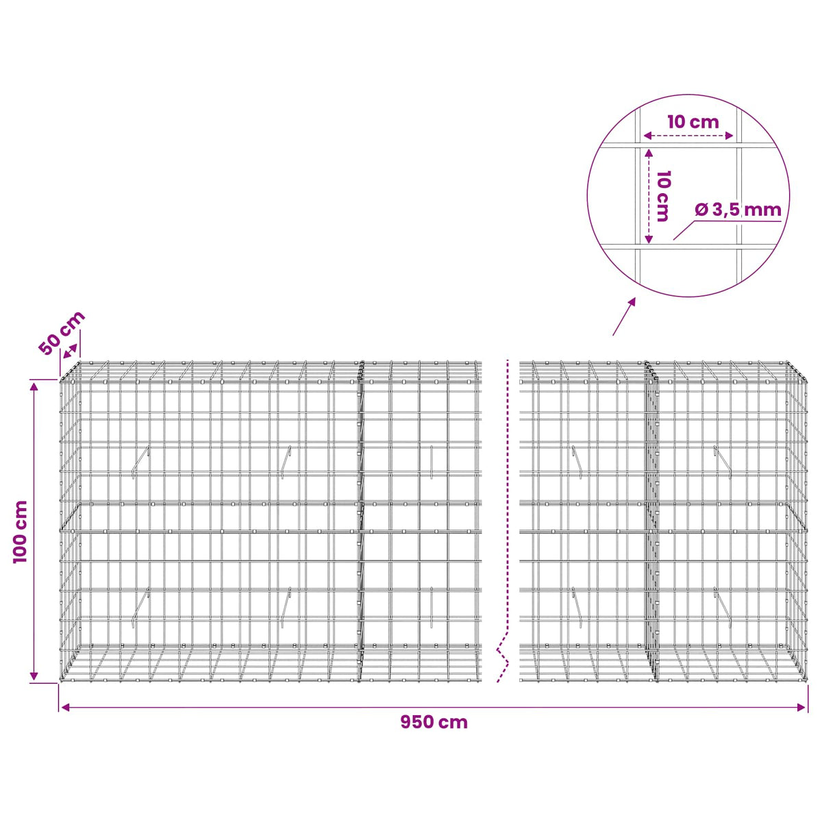 Gabion s žicom debljine 3,5 mm i mrežom 10x10 cm 950x50x100 cm