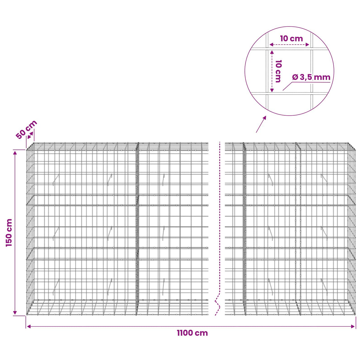 Gabion s žicom debljine 3,5 mm i mrežom 10x10 cm 1100x50x150 cm