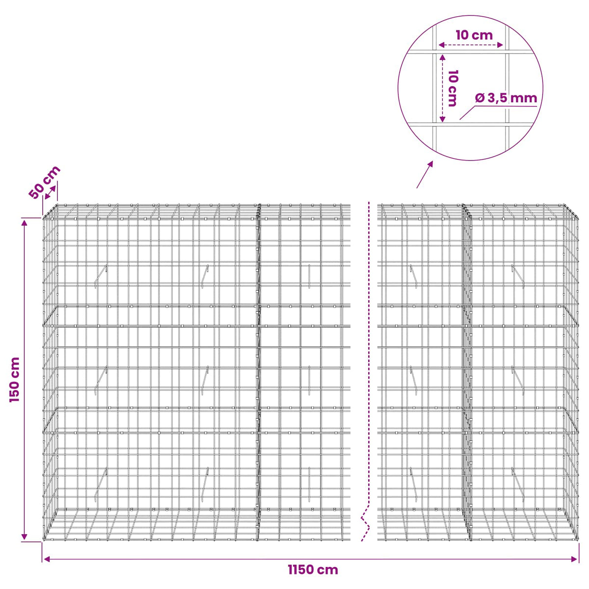 Gabion s žicom debljine 3,5 mm i mrežom 10x10 cm 1150x50x150 cm