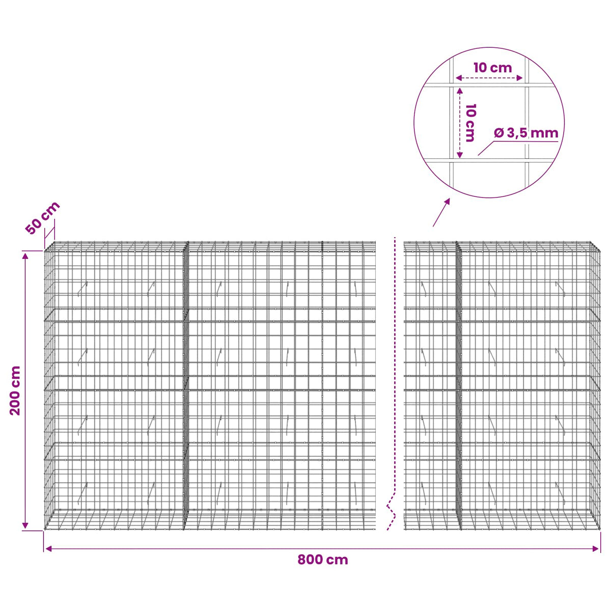 Gabion s žicom debljine 3,5 mm i mrežom 10x10 cm 800x50x200 cm