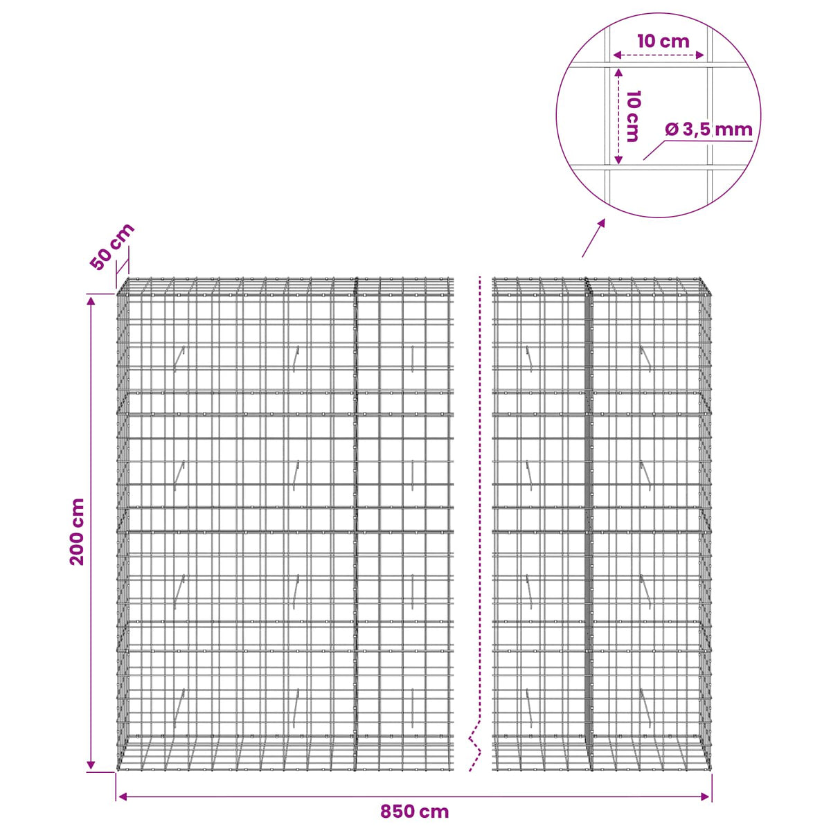 Gabion s žicom debljine 3,5 mm i mrežom 10x10 cm 850x50x200 cm