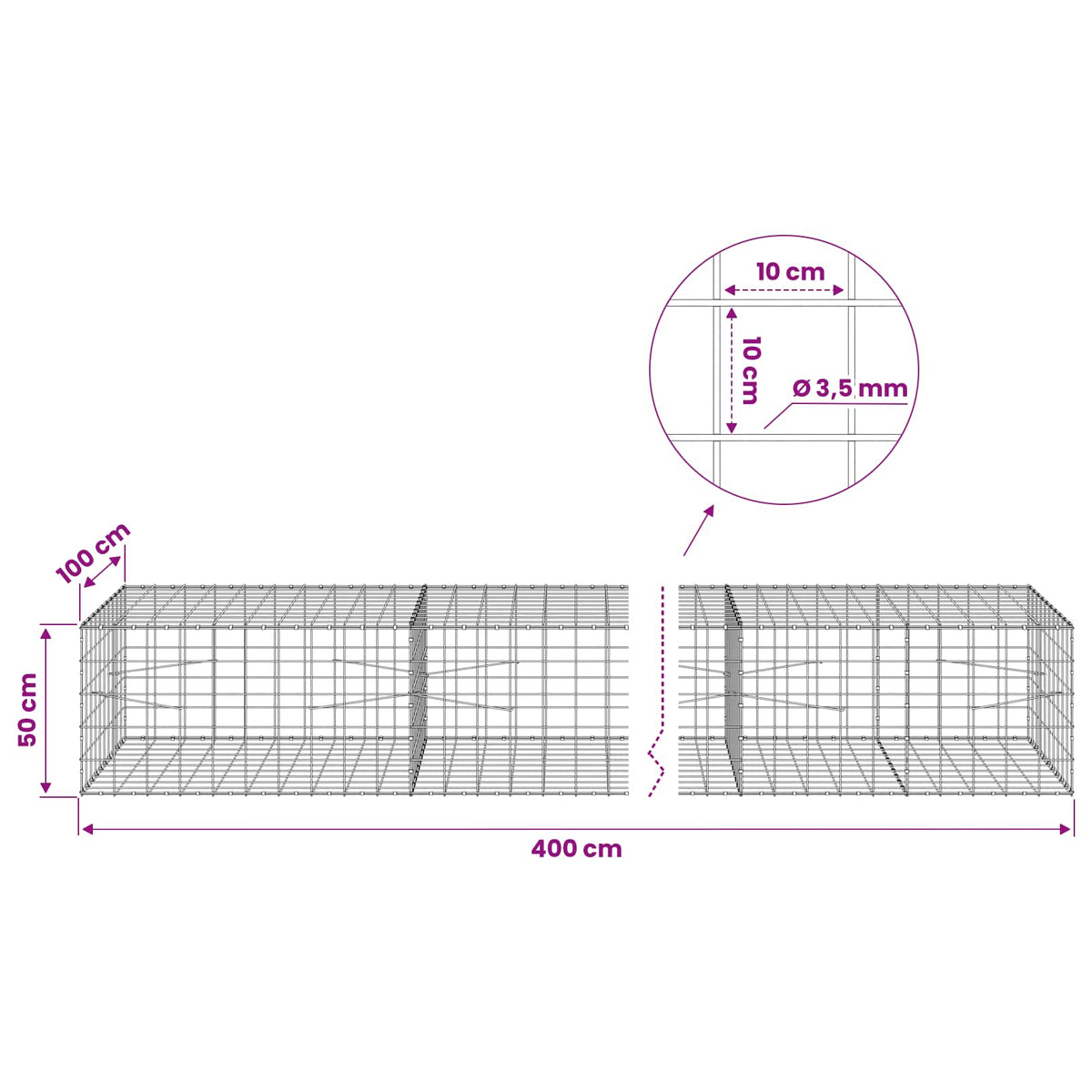 Gabion s žicom debljine 3,5 mm i mrežom 10x10 cm 400x100x50 cm
