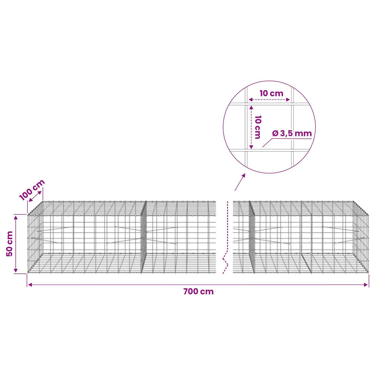 Gabion s žicom debljine 3,5 mm i mrežom 10x10 cm 700x100x50 cm