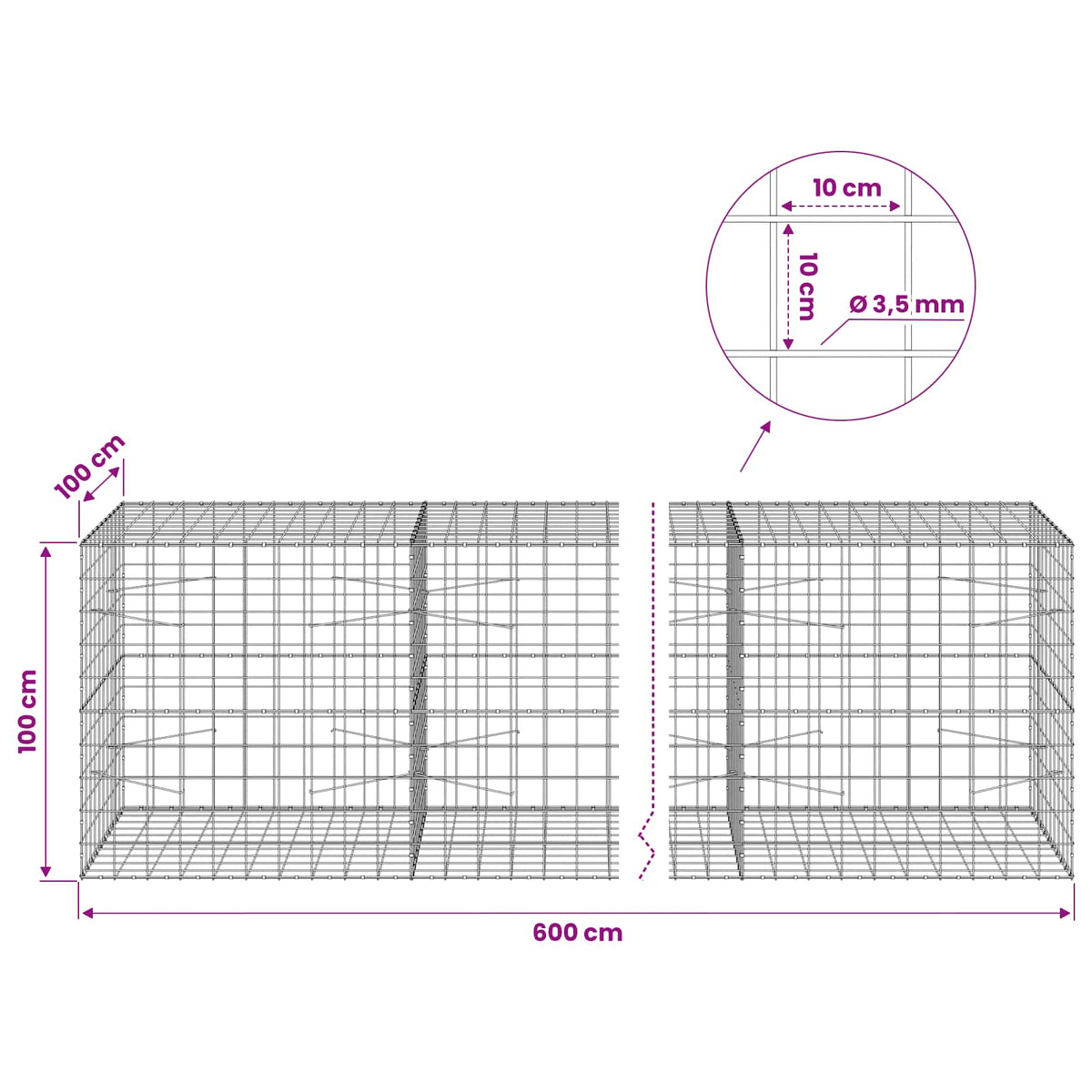Gabion s žicom debljine 3,5 mm i mrežom 10x10 cm 600x100x100 cm
