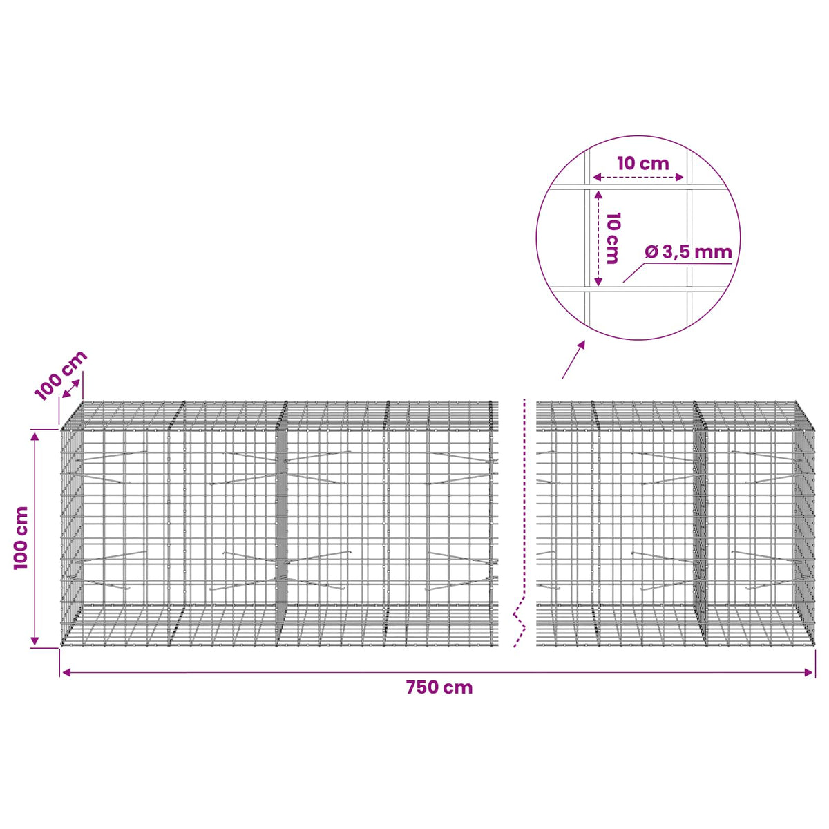 Gabion s žicom debljine 3,5 mm i mrežom 10x10 cm 750x100x100 cm