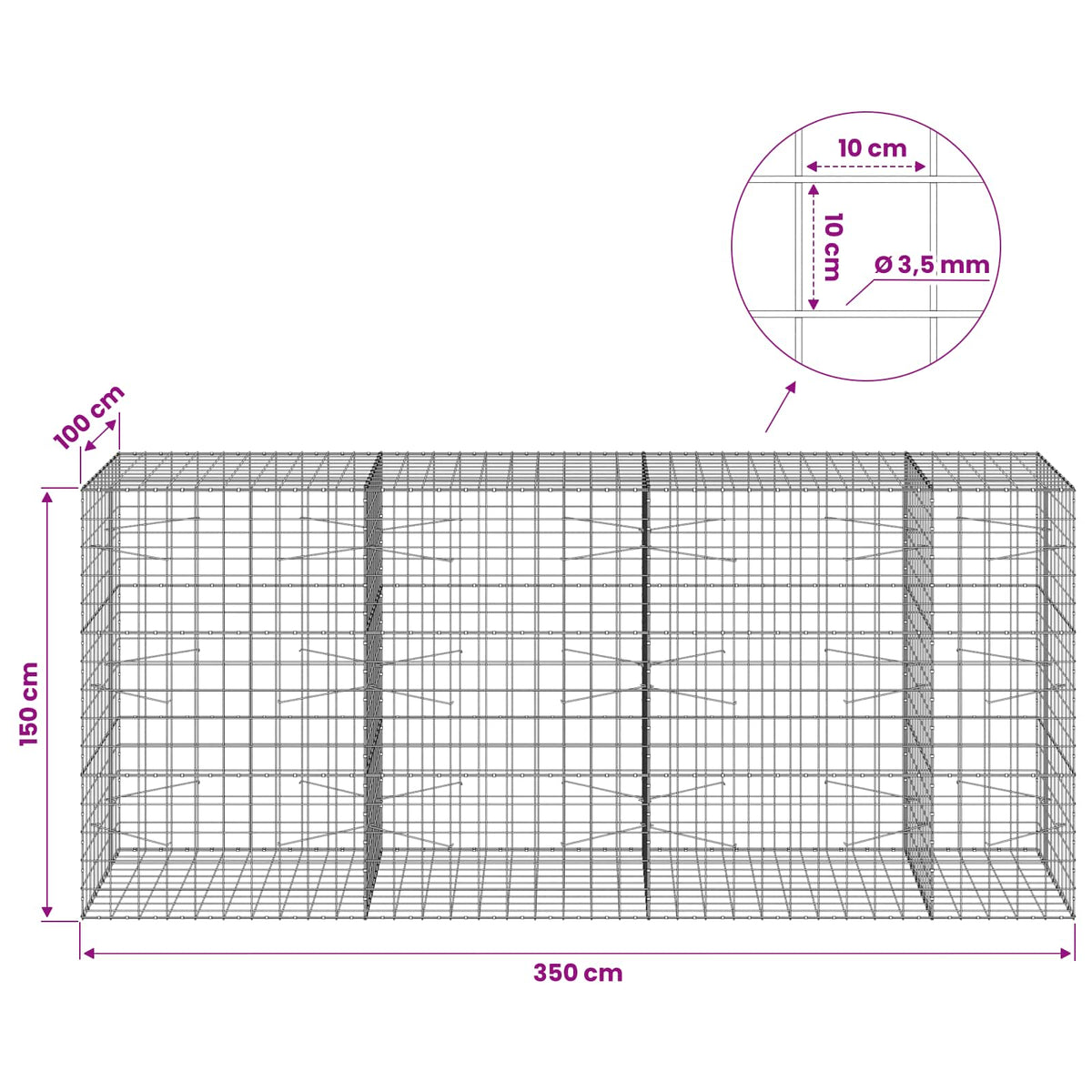 Gabion s žicom debljine 3,5 mm i mrežom 10x10 cm 350x100x150 cm