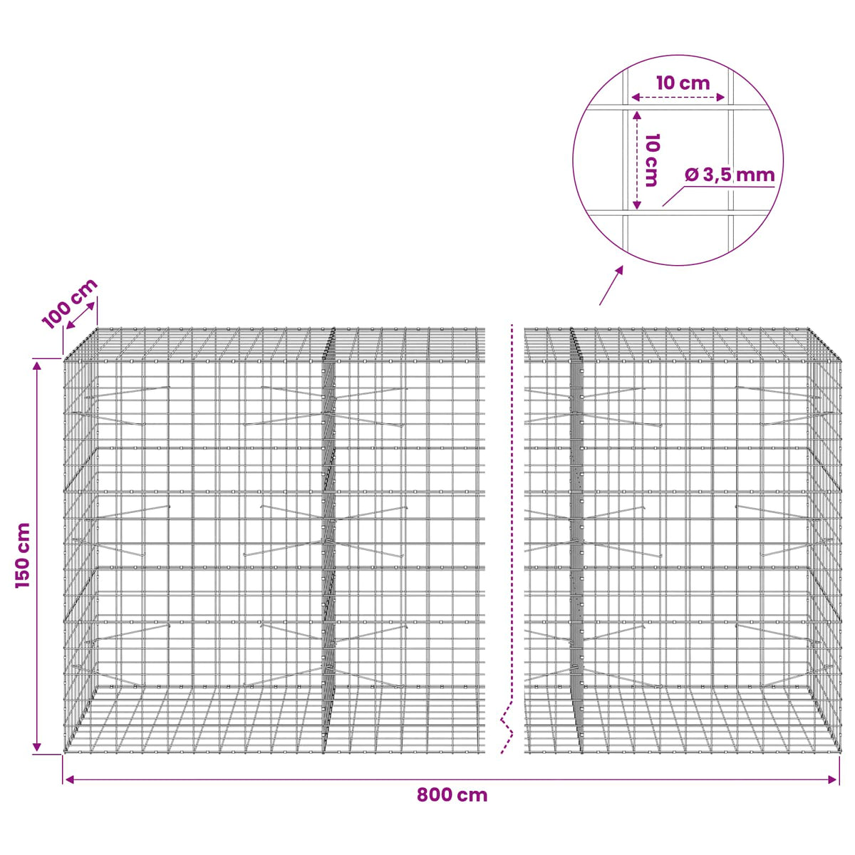 Gabion s žicom debljine 3,5 mm i mrežom 10x10 cm 800x100x150 cm