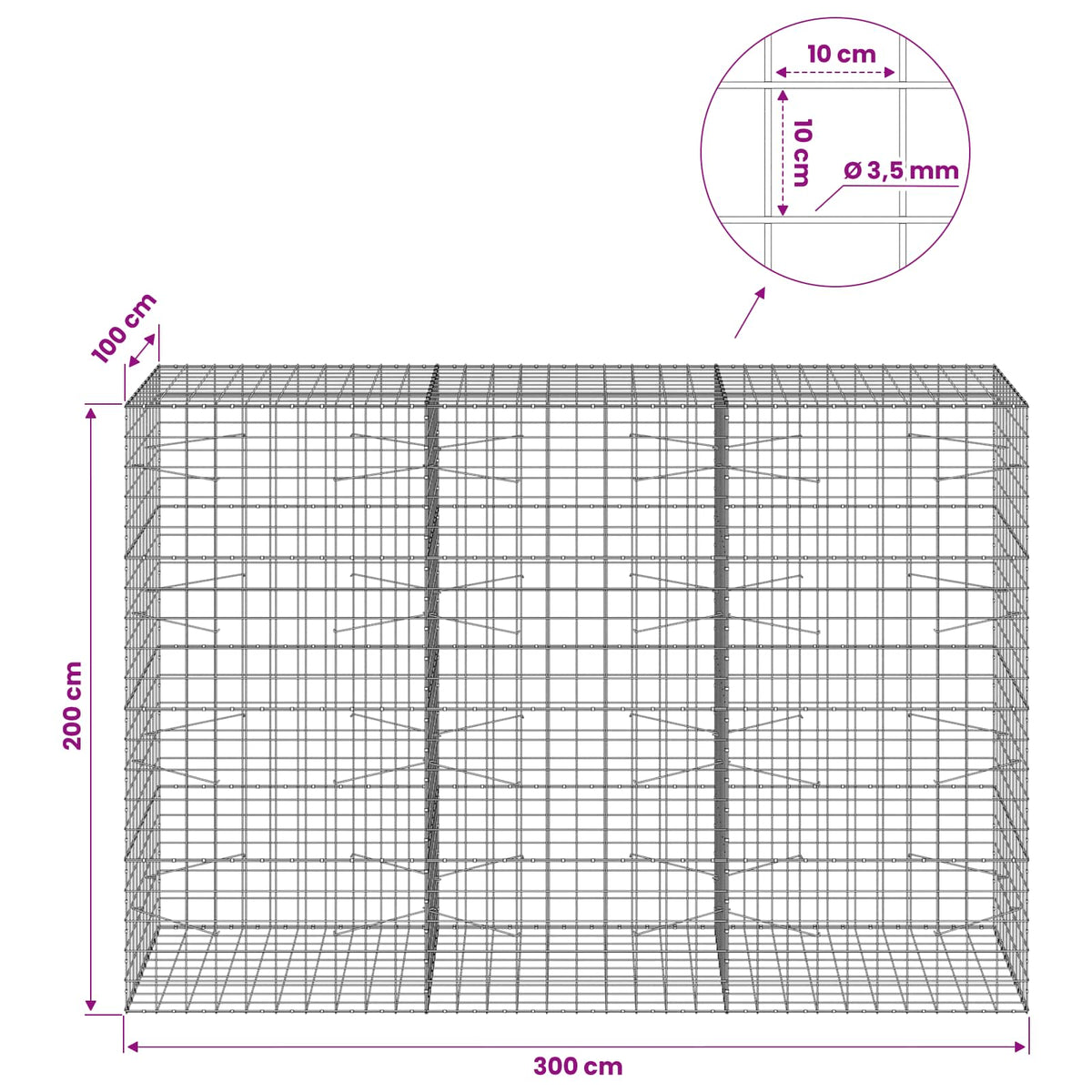 Gabion s žicom debljine 3,5 mm i mrežom 10x10 cm 300x100x200 cm