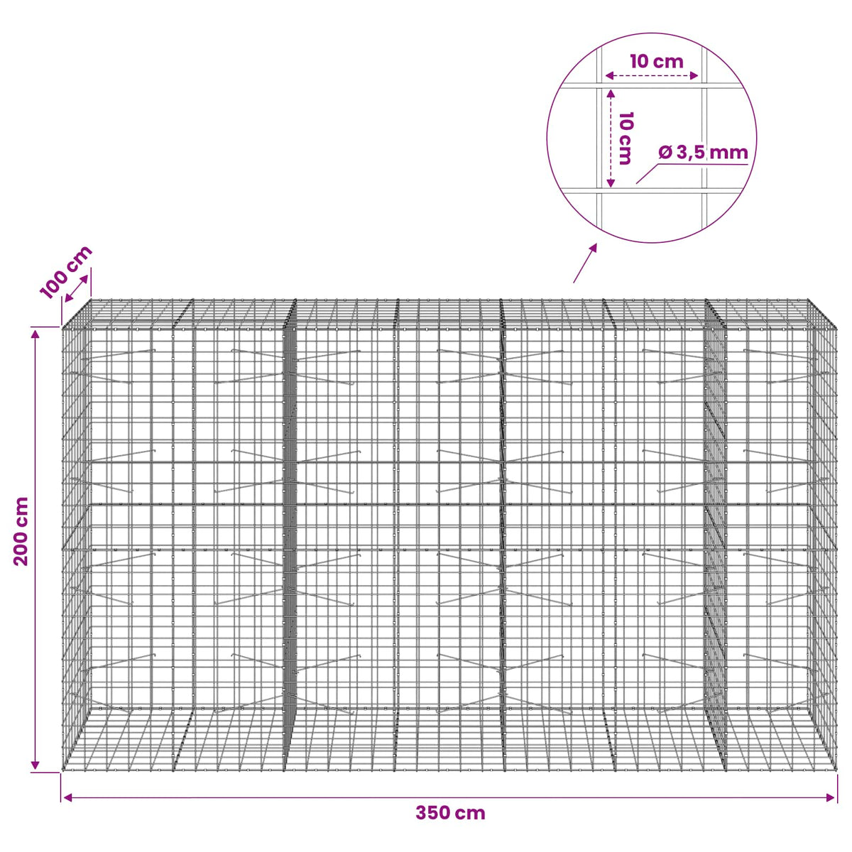 Gabion s žicom debljine 3,5 mm i mrežom 10x10 cm 350x100x200 cm