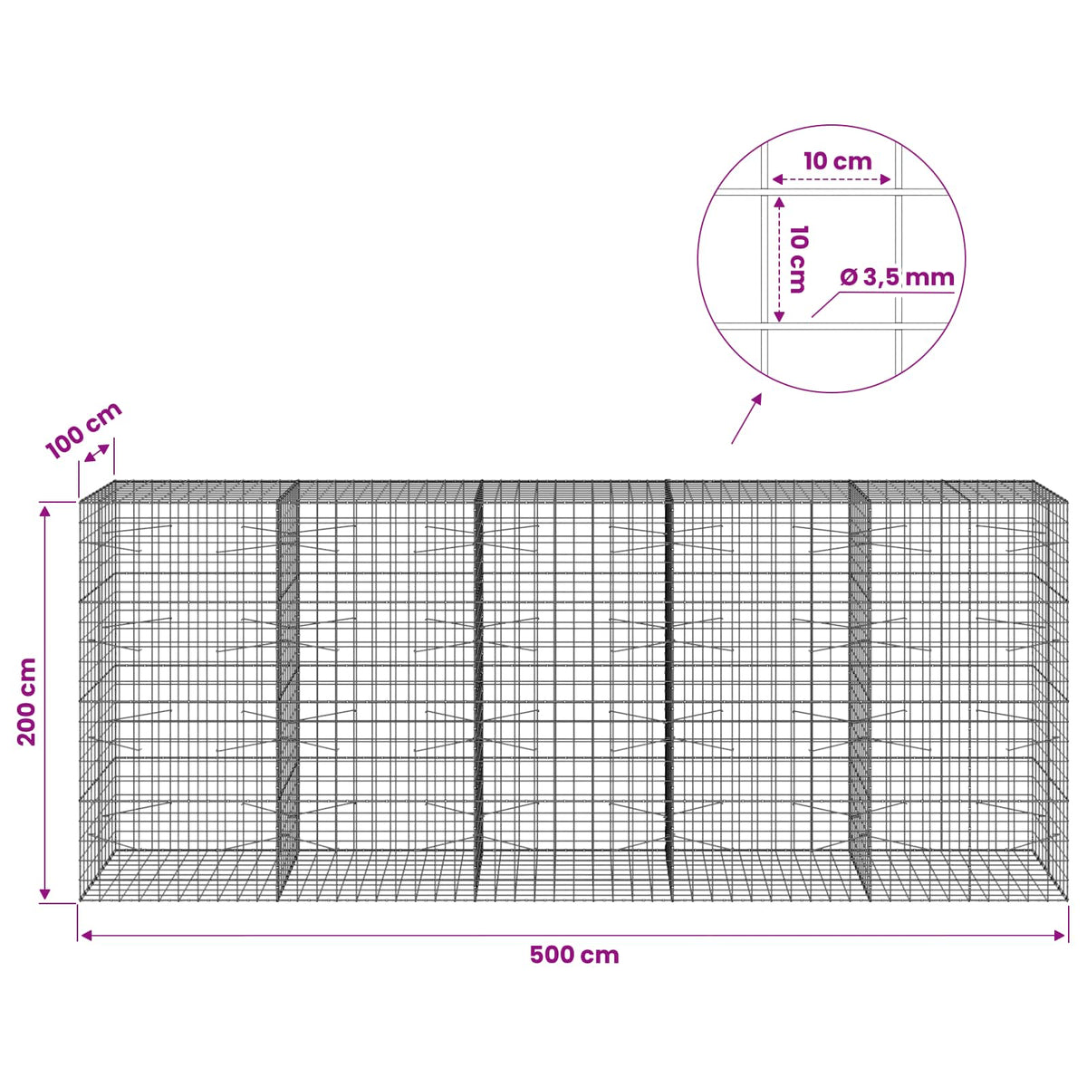 Gabion s žicom debljine 3,5 mm i mrežom 10x10 cm 500x100x200 cm